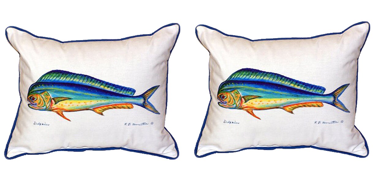 Pair of Betsy Drake Dolphin Fish Mahi Large Indoor/Outdoor Pillows